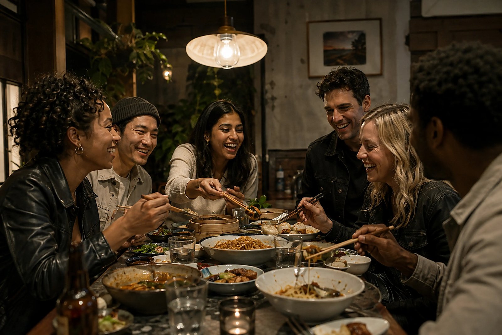 Friends sharing dinner around a warm candlelit table