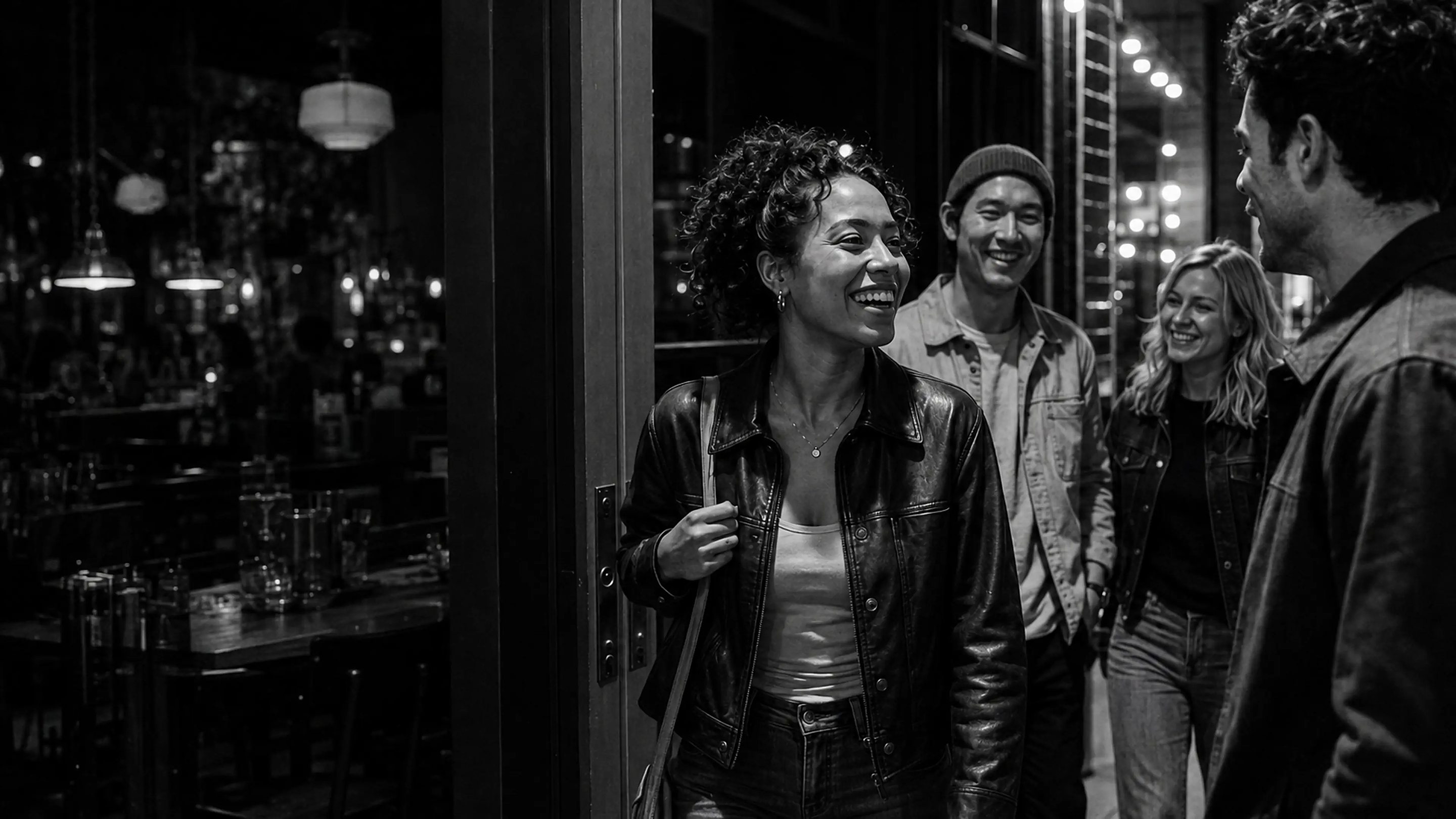 Friends laughing together outside a bar on a city street at night