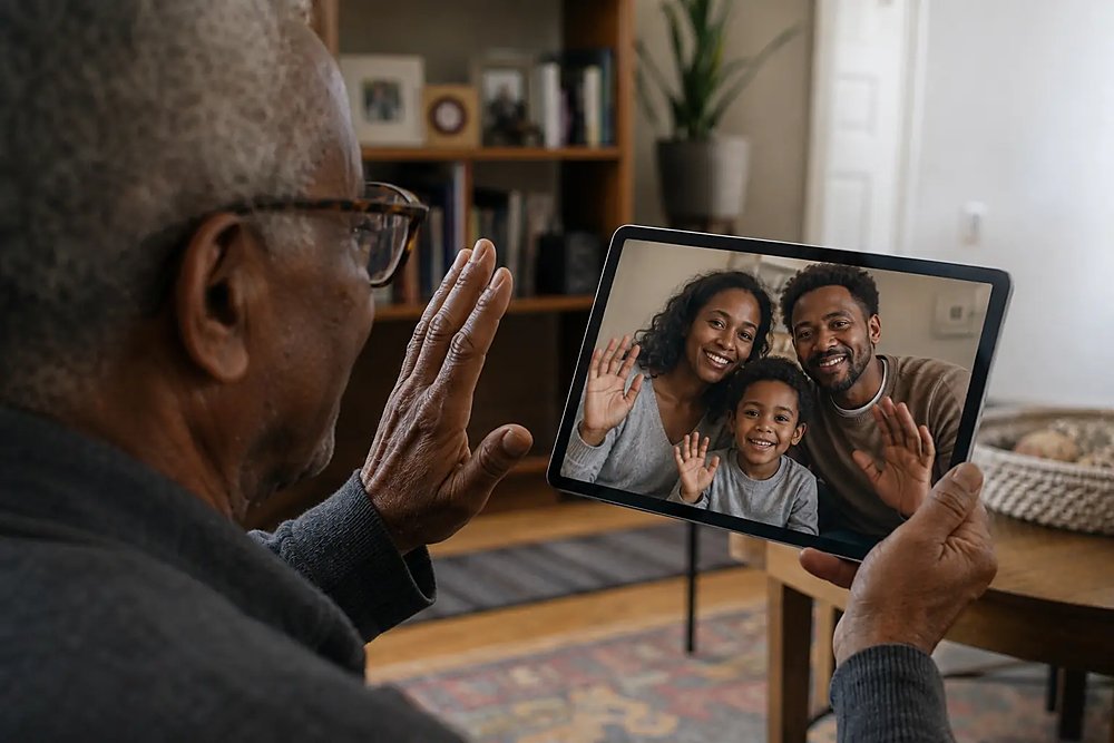 Grandfather waving to his family on a video call