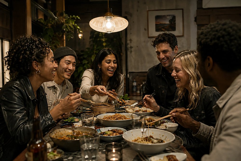 Friends sharing dinner around a candlelit table