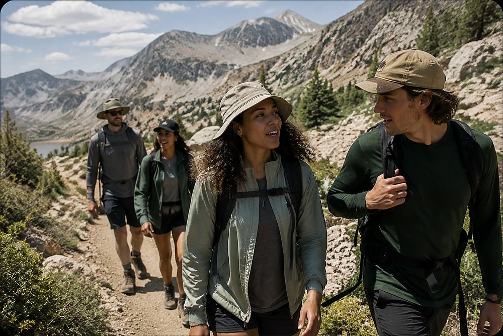 Group of friends hiking through a mountain valley